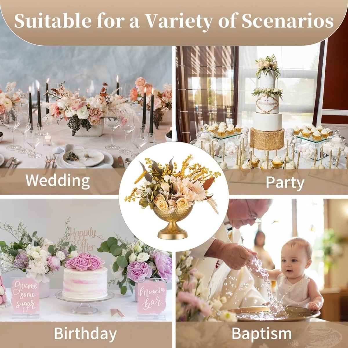 Gold Metal Urn Vase Set of 2 – Wedding Table Centrepiece 15cm Decor - Kwikley