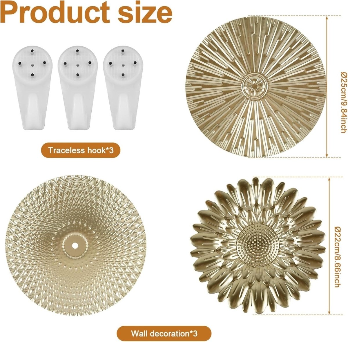 Gold Metal Wall Art Plates 3Pcs Starburst Modern Decor - Kwikley