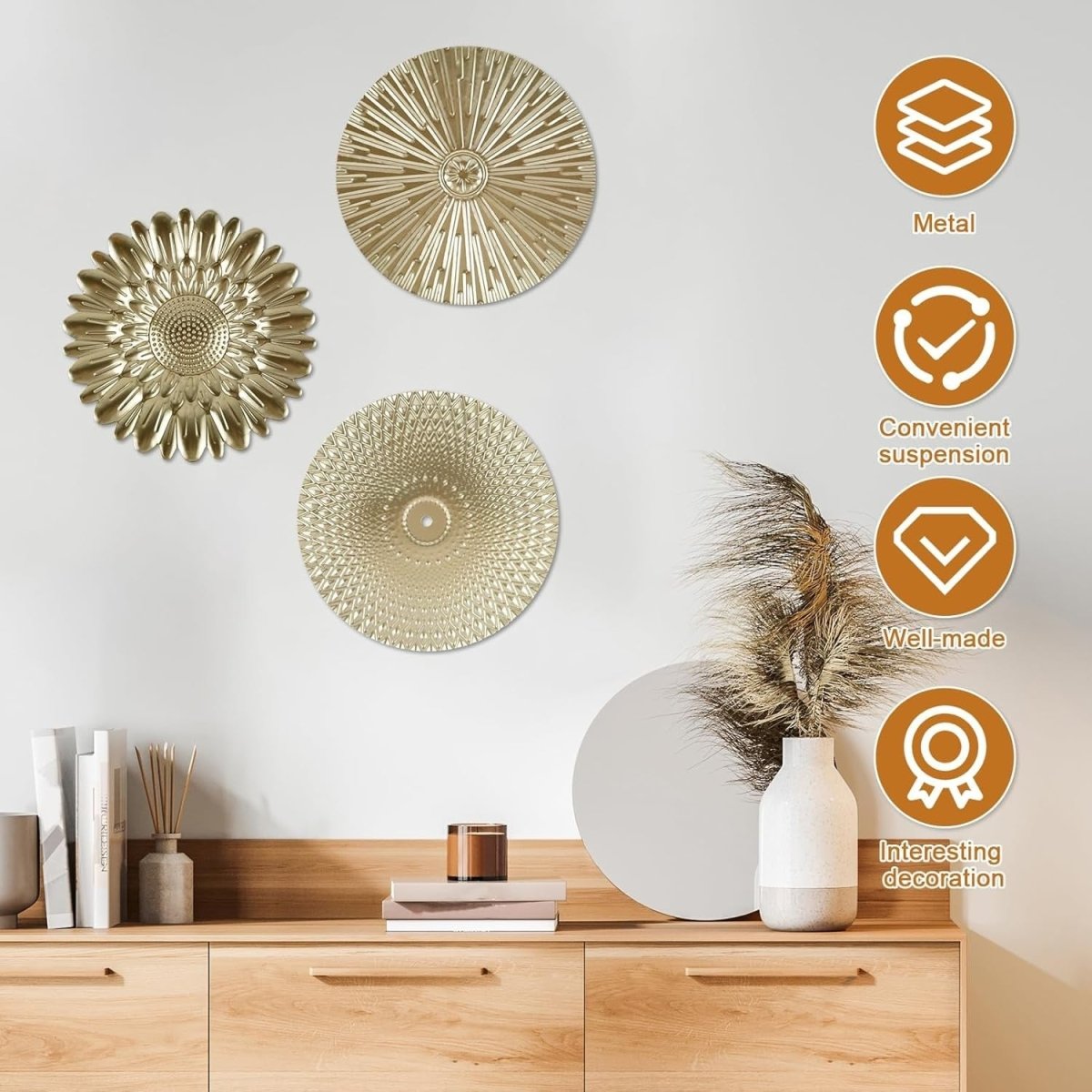 Gold Metal Wall Art Plates 3Pcs Starburst Modern Decor - Kwikley