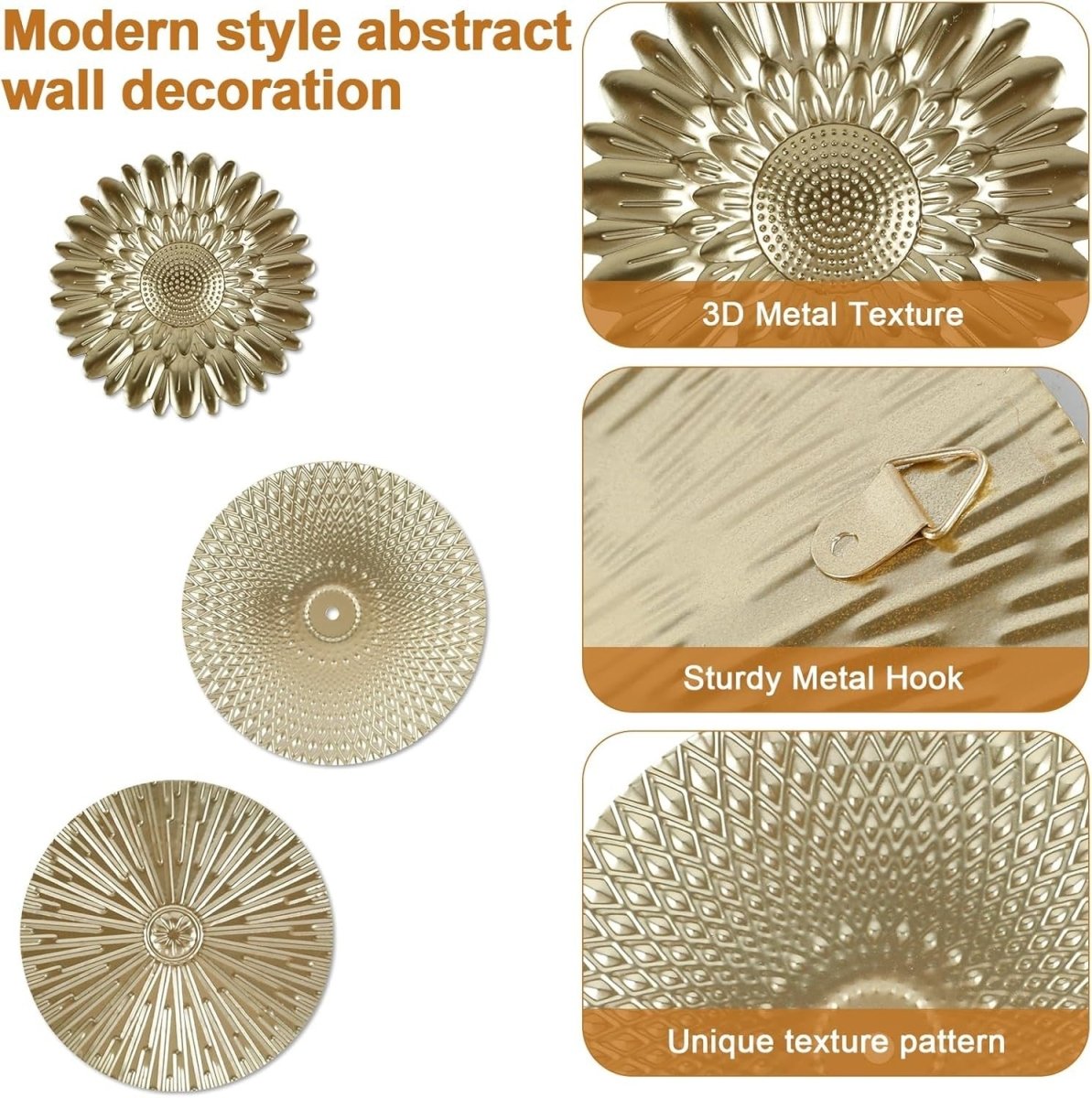 Gold Metal Wall Art Plates 3Pcs Starburst Modern Decor - Kwikley