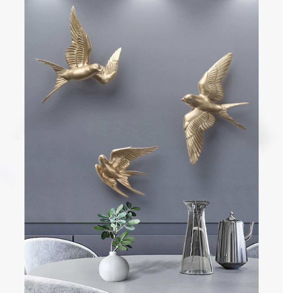 Gold Swallow Wall Art 3Pcs 3D Resin Birds Retro Decor - Kwikley