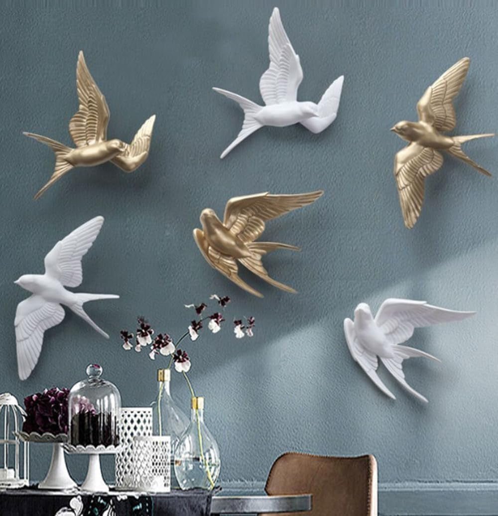 Gold Swallow Wall Art 3Pcs 3D Resin Birds Retro Decor - Kwikley