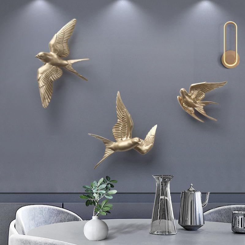 Gold Swallow Wall Art 3Pcs 3D Resin Birds Retro Decor - Kwikley