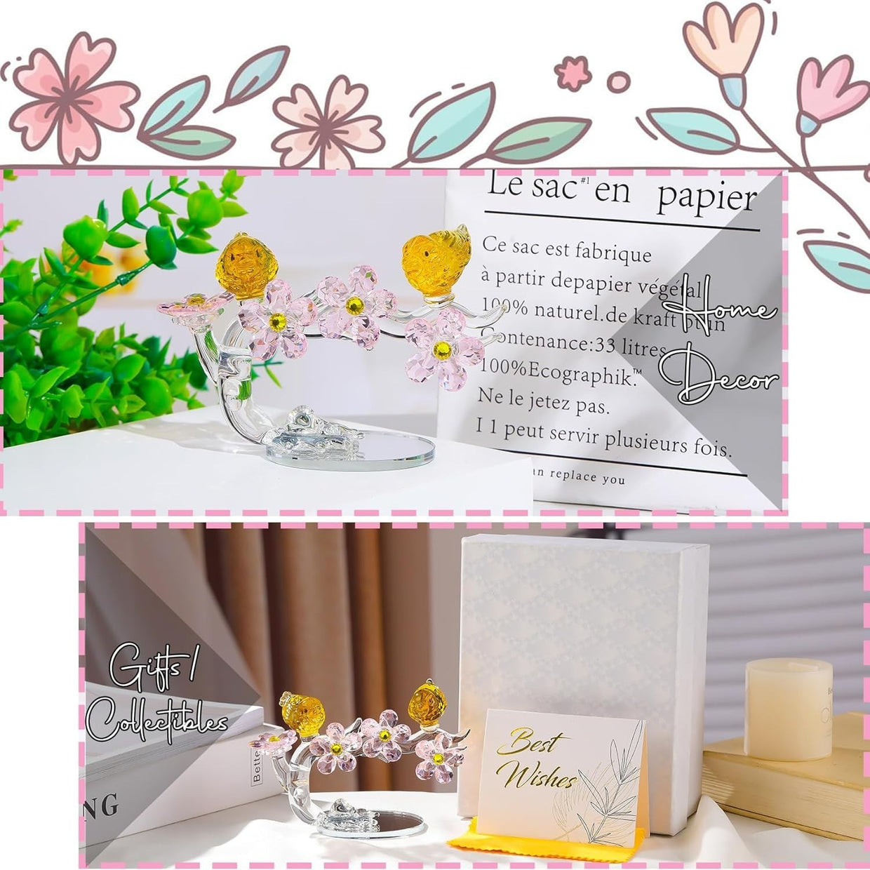 Golden Crystal Birds & Flowers Ornament Wedding Anniversary Gift - Kwikley