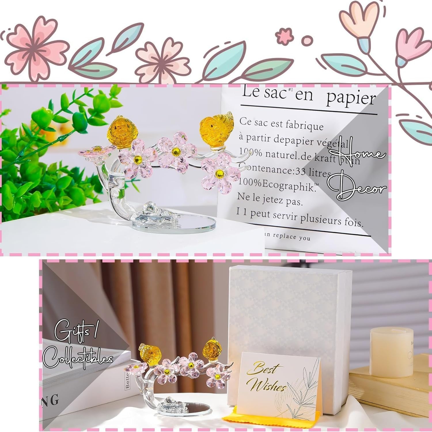 Golden Crystal Birds & Flowers Ornament Wedding Anniversary Gift - Kwikley