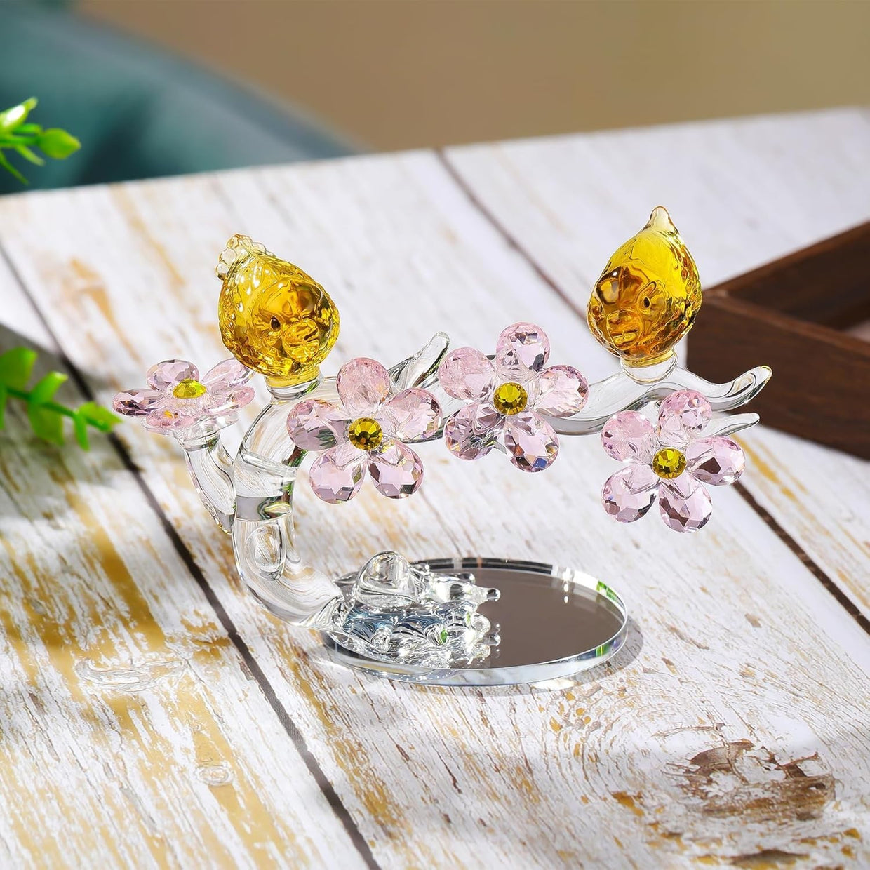 Golden Crystal Birds & Flowers Ornament Wedding Anniversary Gift - Kwikley