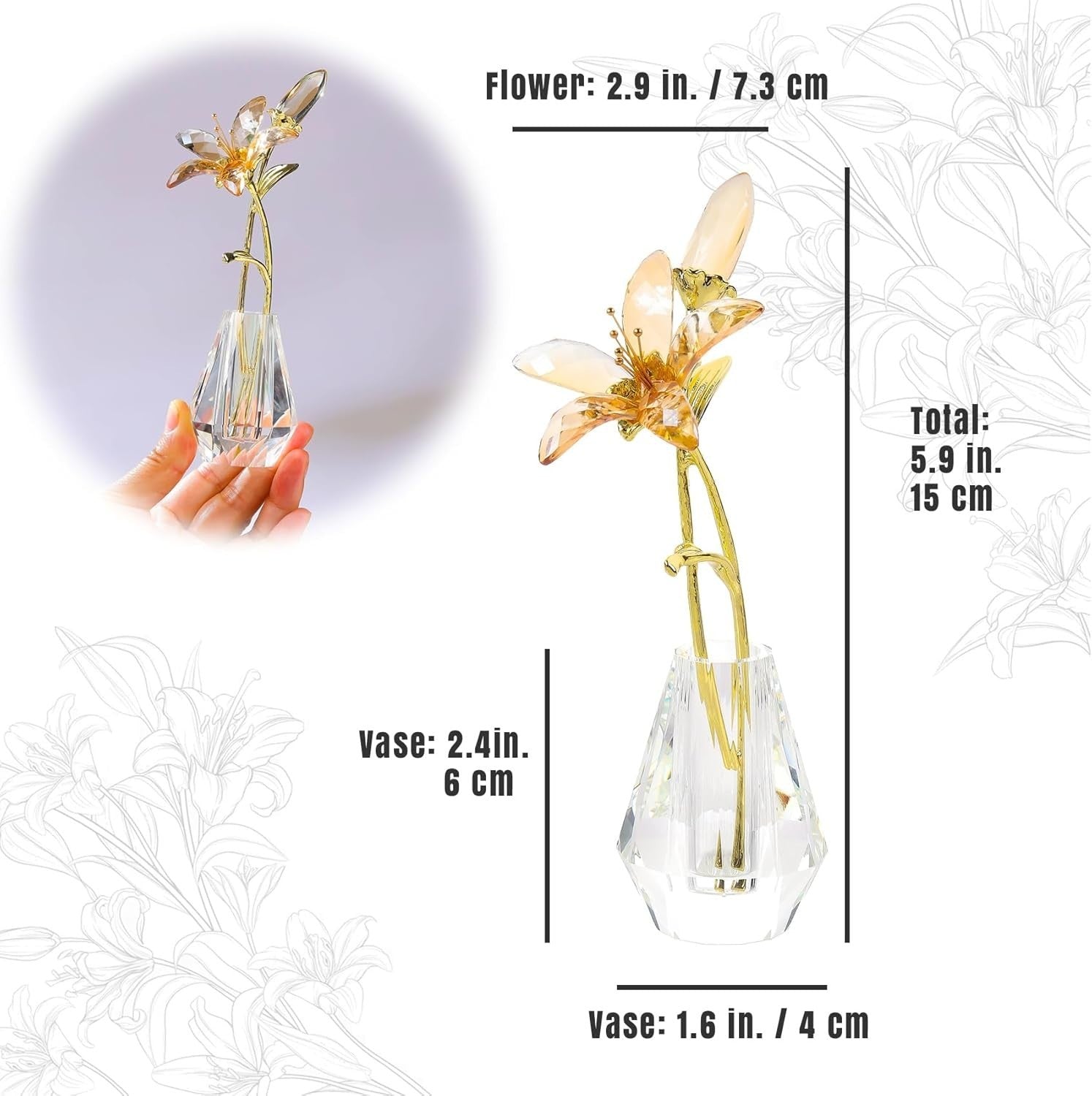 Golden Crystal Lily Flower Ornament • Luxury Glass Vase Figurine - Kwikley