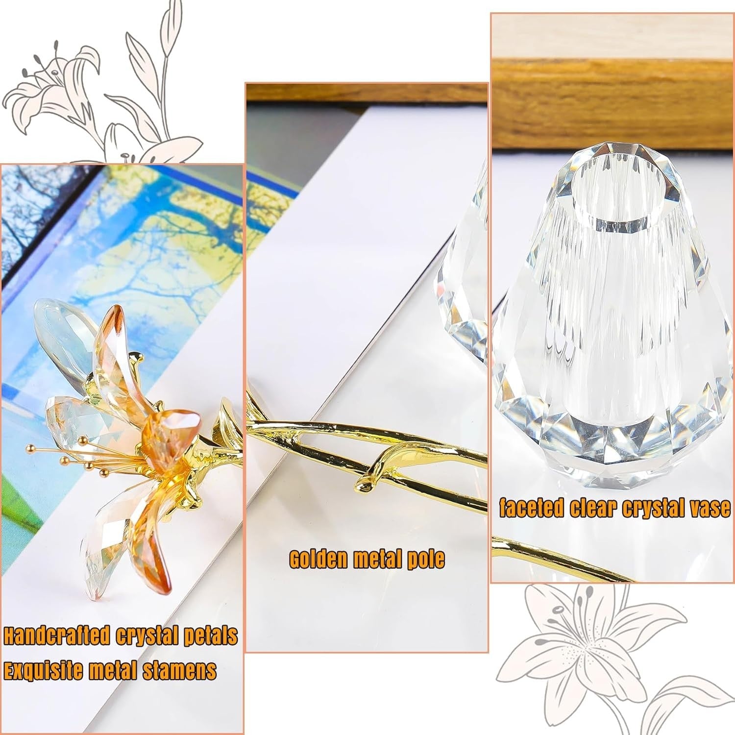Golden Crystal Lily Flower Ornament • Luxury Glass Vase Figurine - Kwikley