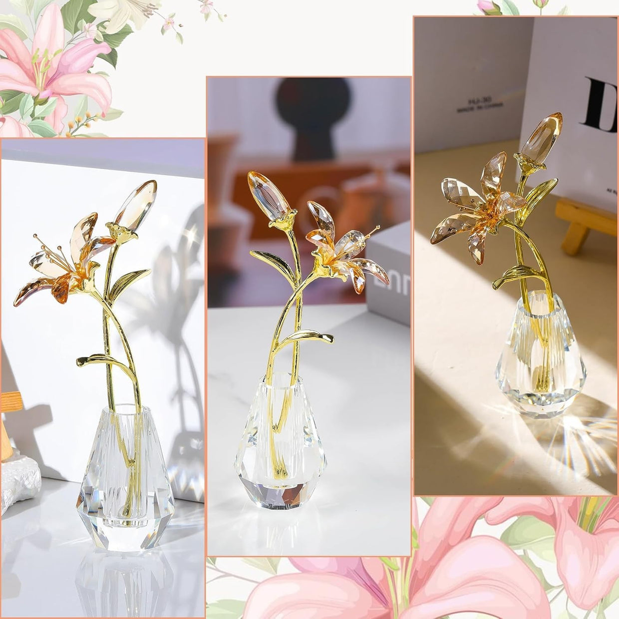 Golden Crystal Lily Flower Ornament • Luxury Glass Vase Figurine - Kwikley