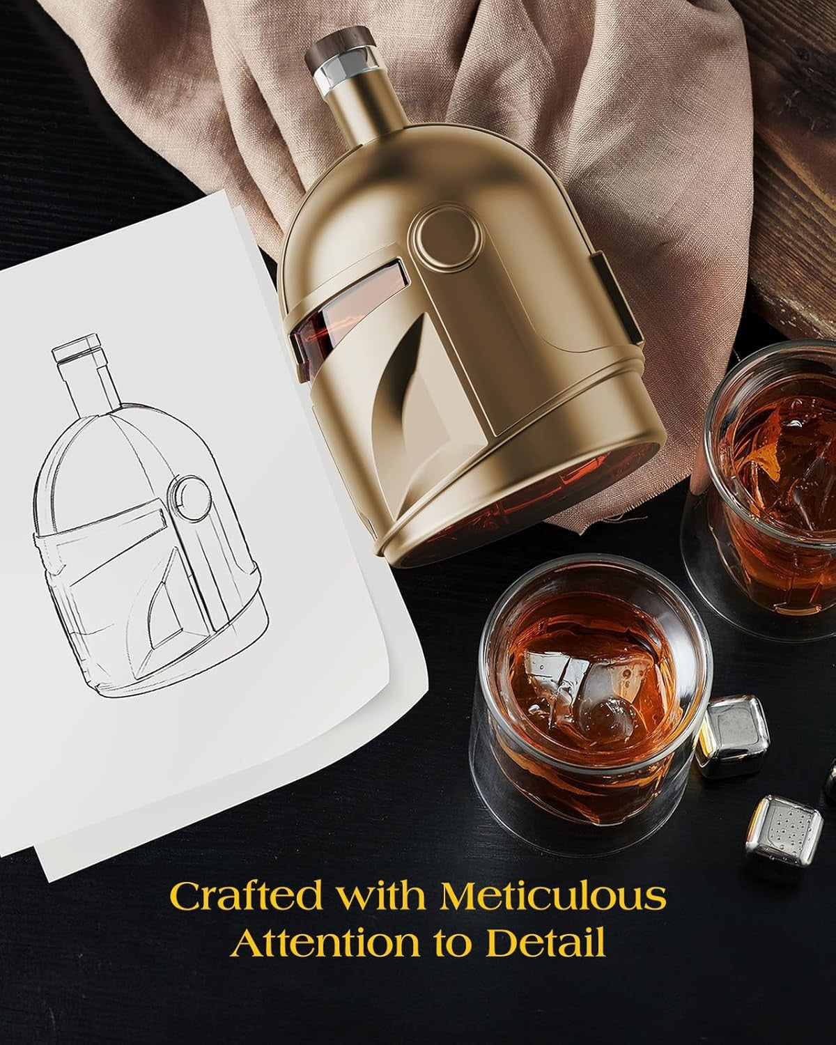 Golden Helmet Whiskey Decanter 34oz with 2 Glasses – Unique Men’s Bar Gift - Kwikley