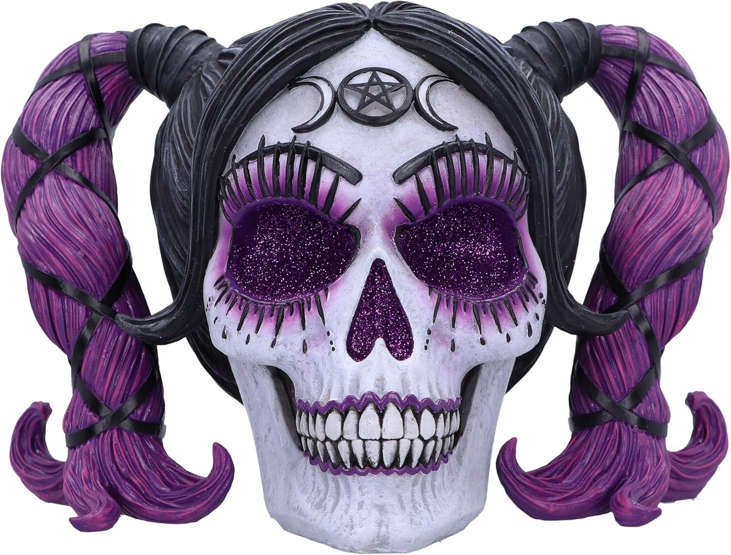 Gothic Skull Figurine 20.5cm Purple Hair Glitter Eyes Resin Horror Ornament - Kwikley