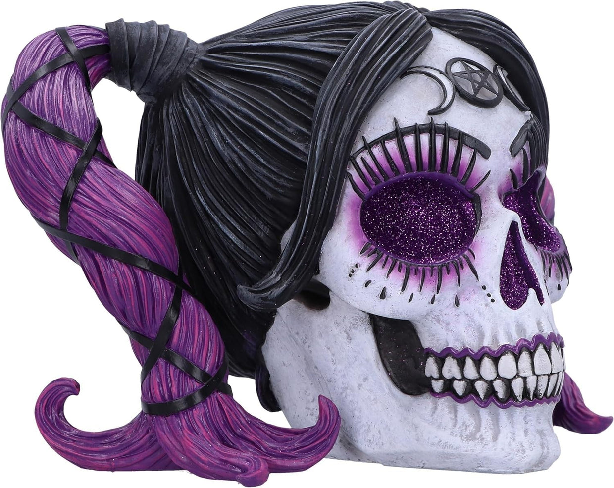 Gothic Skull Figurine 20.5cm Purple Hair Glitter Eyes Resin Horror Ornament - Kwikley