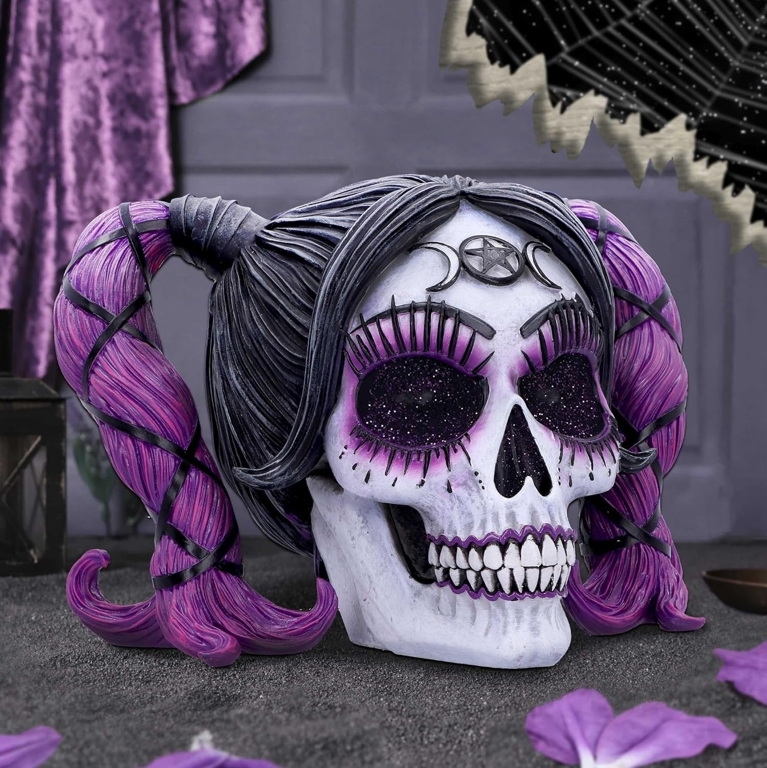 Gothic Skull Figurine 20.5cm Purple Hair Glitter Eyes Resin Horror Ornament - Kwikley