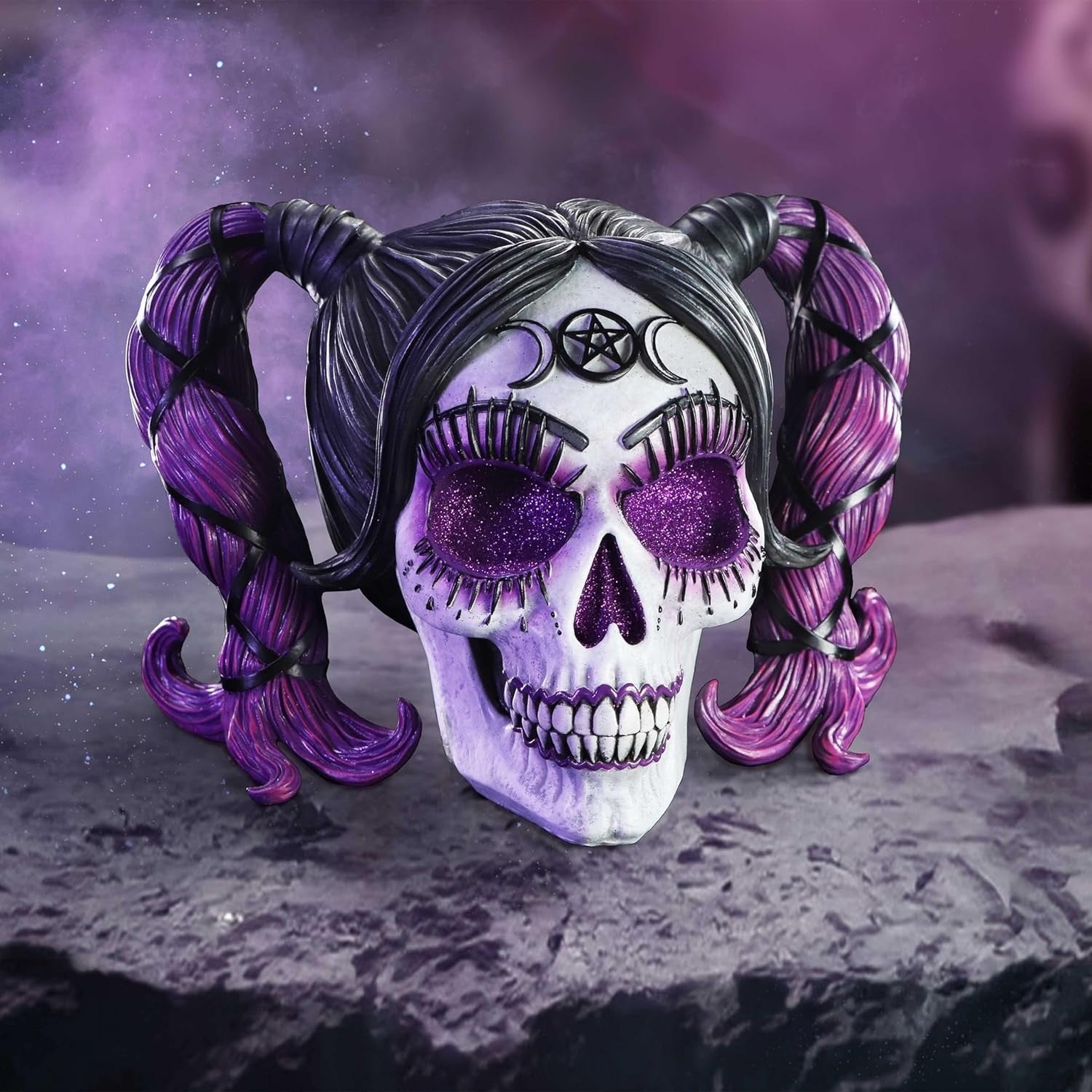 Gothic Skull Figurine 20.5cm Purple Hair Glitter Eyes Resin Horror Ornament - Kwikley