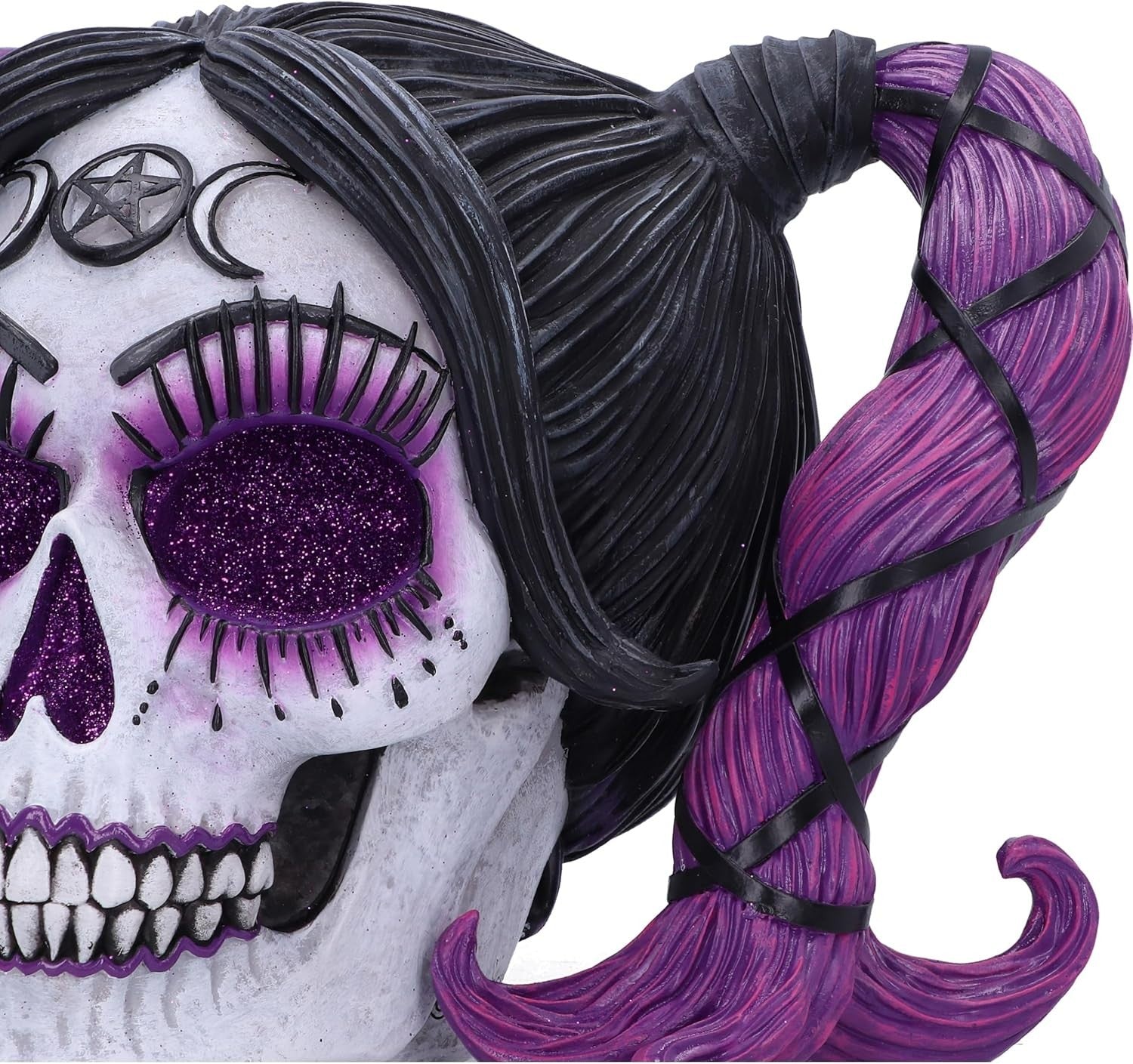 Gothic Skull Figurine 20.5cm Purple Hair Glitter Eyes Resin Horror Ornament - Kwikley