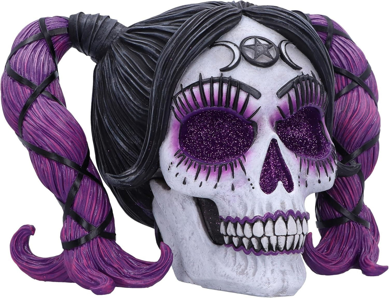 Gothic Skull Figurine 20.5cm Purple Hair Glitter Eyes Resin Horror Ornament - Kwikley