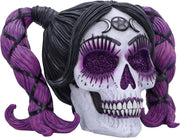 Gothic Skull Figurine 20.5cm Purple Hair Glitter Eyes Resin Horror Ornament - Kwikley