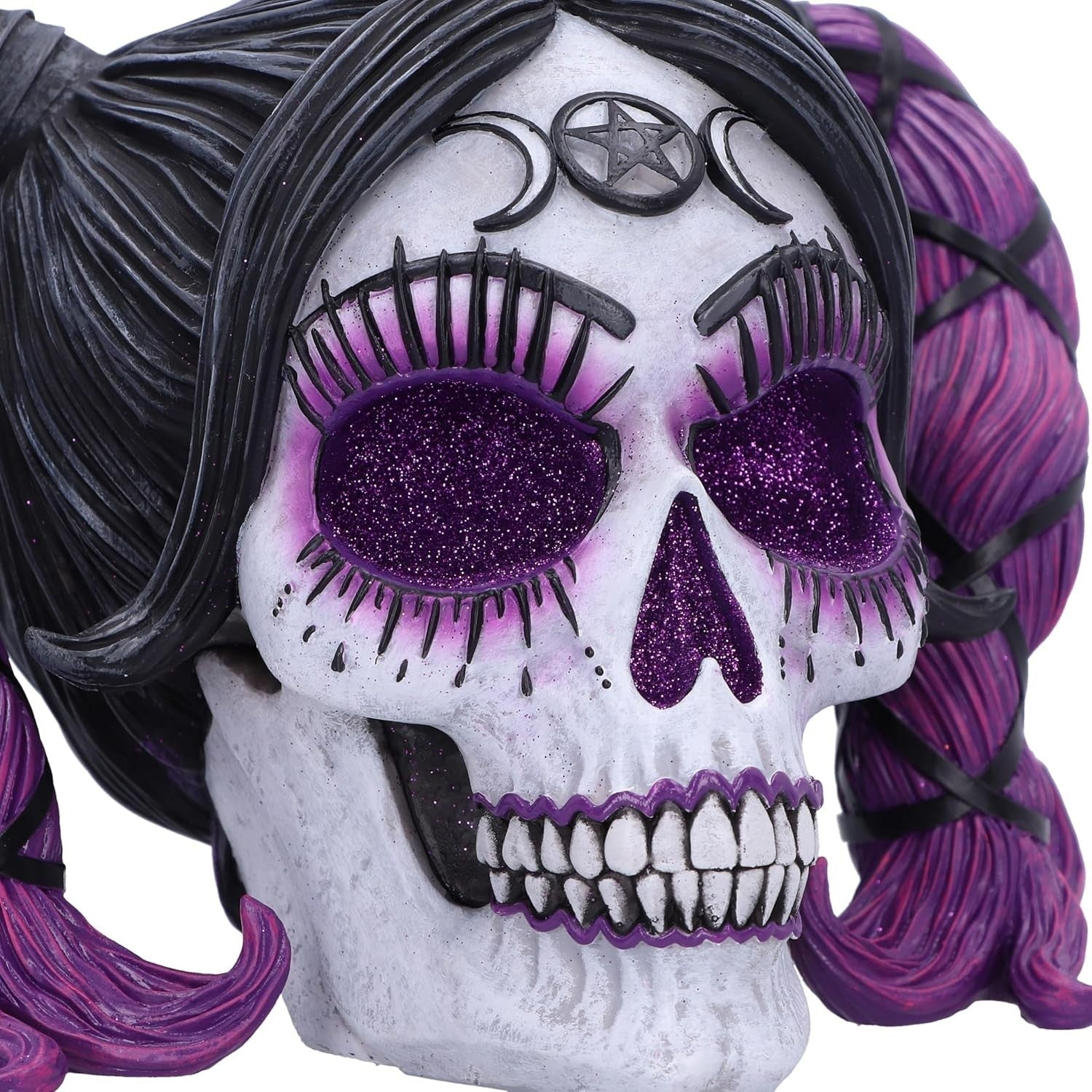 Gothic Skull Figurine 20.5cm Purple Hair Glitter Eyes Resin Horror Ornament - Kwikley