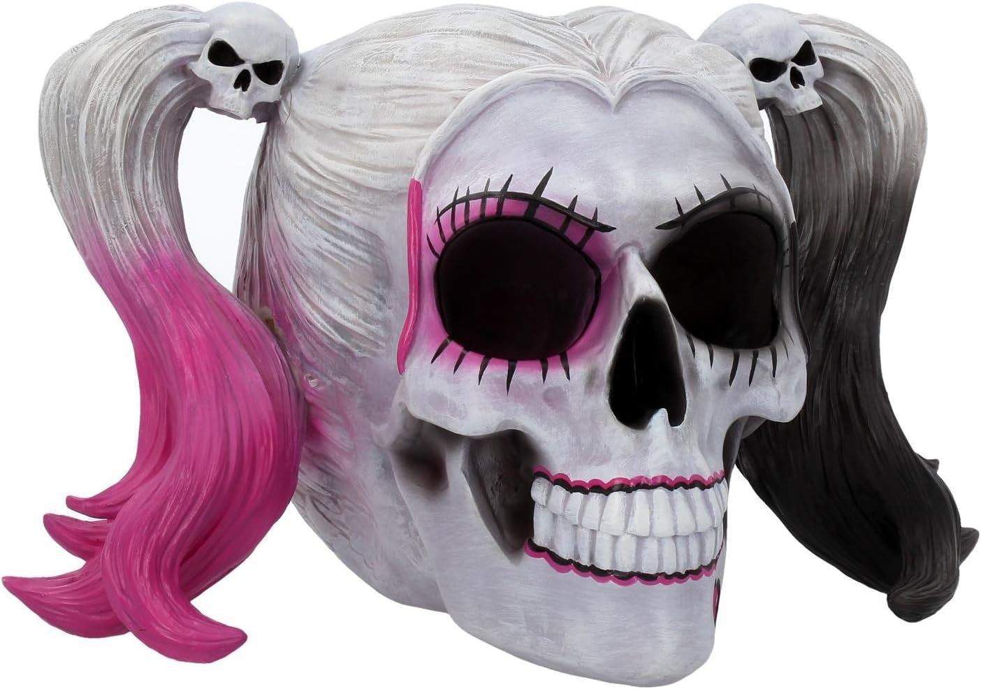 Gothic Skull Figurine 20.6cm Pink Black Pigtail Resin Ornament Horror Decor - Kwikley