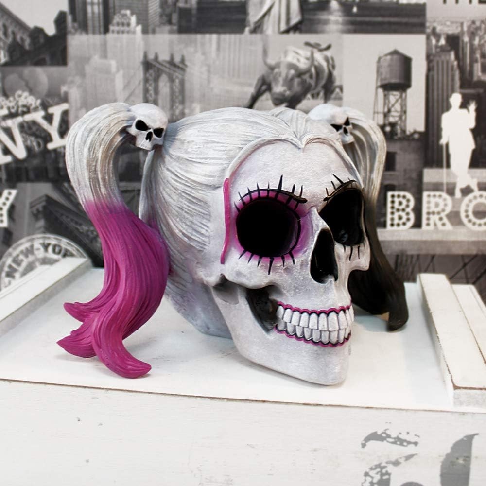 Gothic Skull Figurine 20.6cm Pink Black Pigtail Resin Ornament Horror Decor - Kwikley