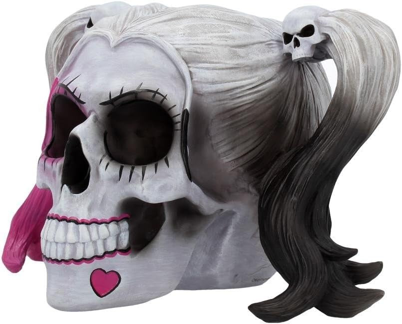 Gothic Skull Figurine 20.6cm Pink Black Pigtail Resin Ornament Horror Decor - Kwikley