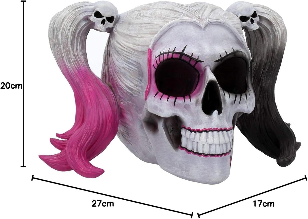 Gothic Skull Figurine 20.6cm Pink Black Pigtail Resin Ornament Horror Decor - Kwikley