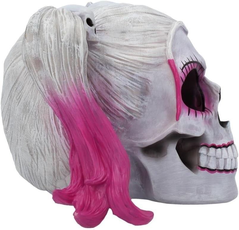 Gothic Skull Figurine 20.6cm Pink Black Pigtail Resin Ornament Horror Decor - Kwikley