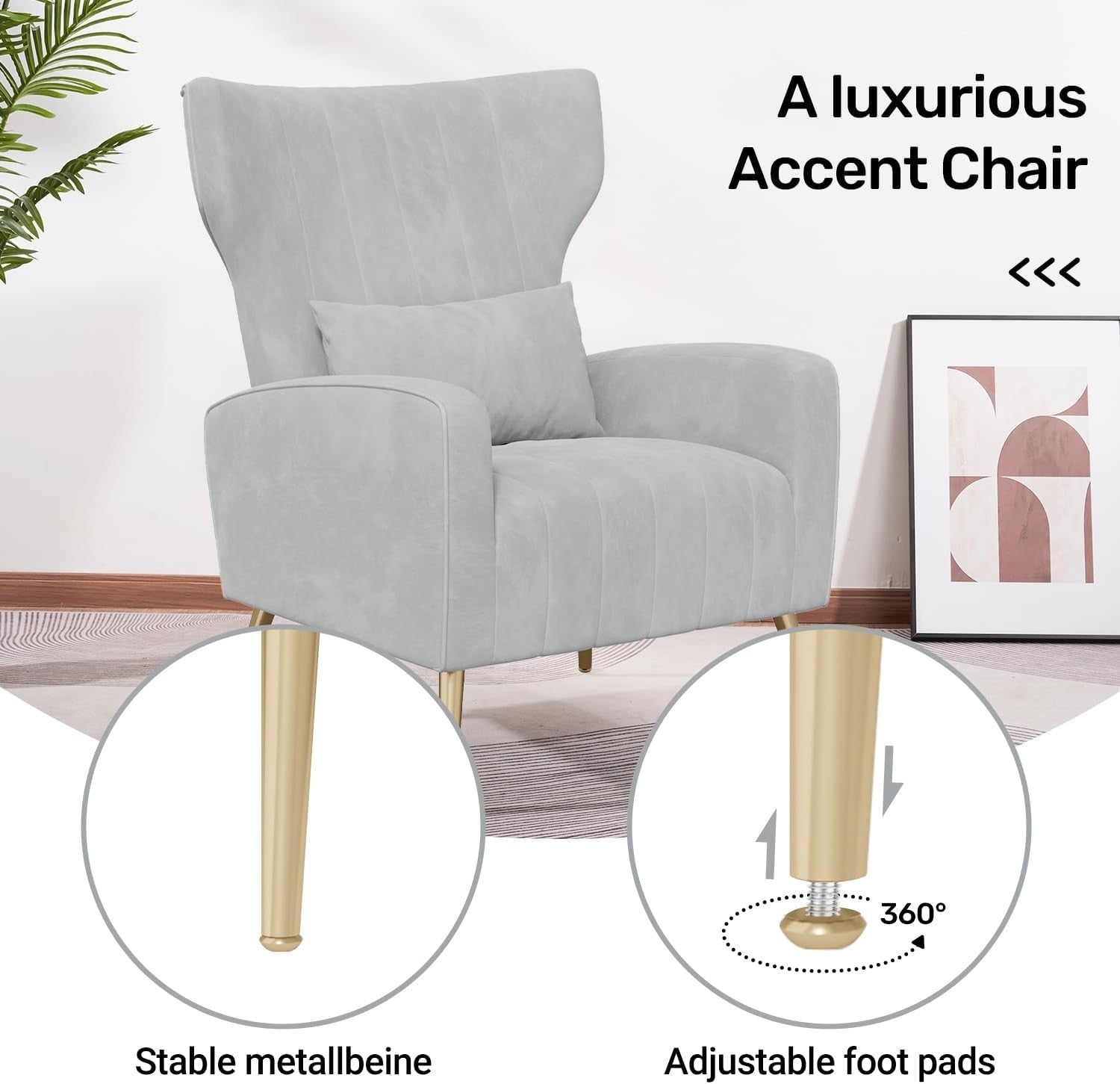 Gray Velvet Recliner Armchair with Gold Legs Soft Memory Foam Lounge Chair - Kwikley