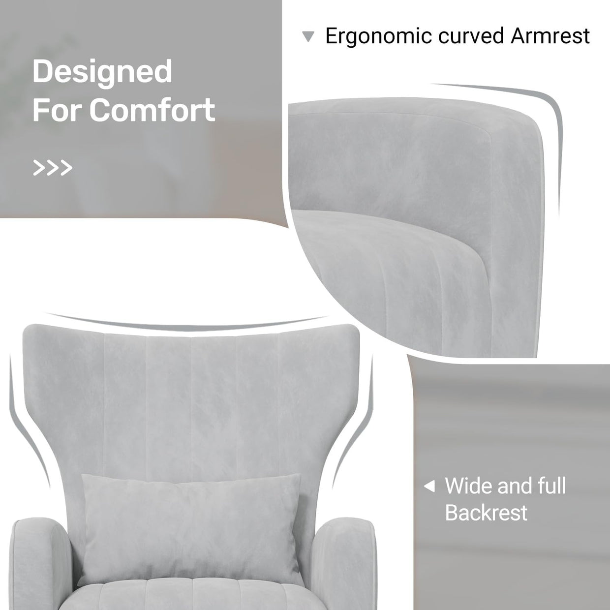 Gray Velvet Recliner Armchair with Gold Legs Soft Memory Foam Lounge Chair - Kwikley