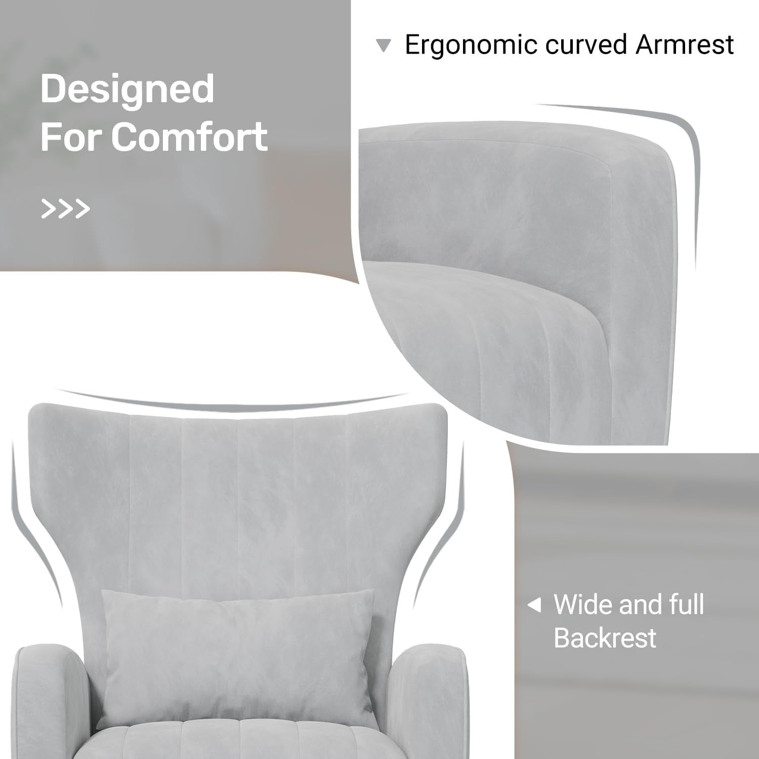 Gray Velvet Recliner Armchair with Gold Legs Soft Memory Foam Lounge Chair - Kwikley