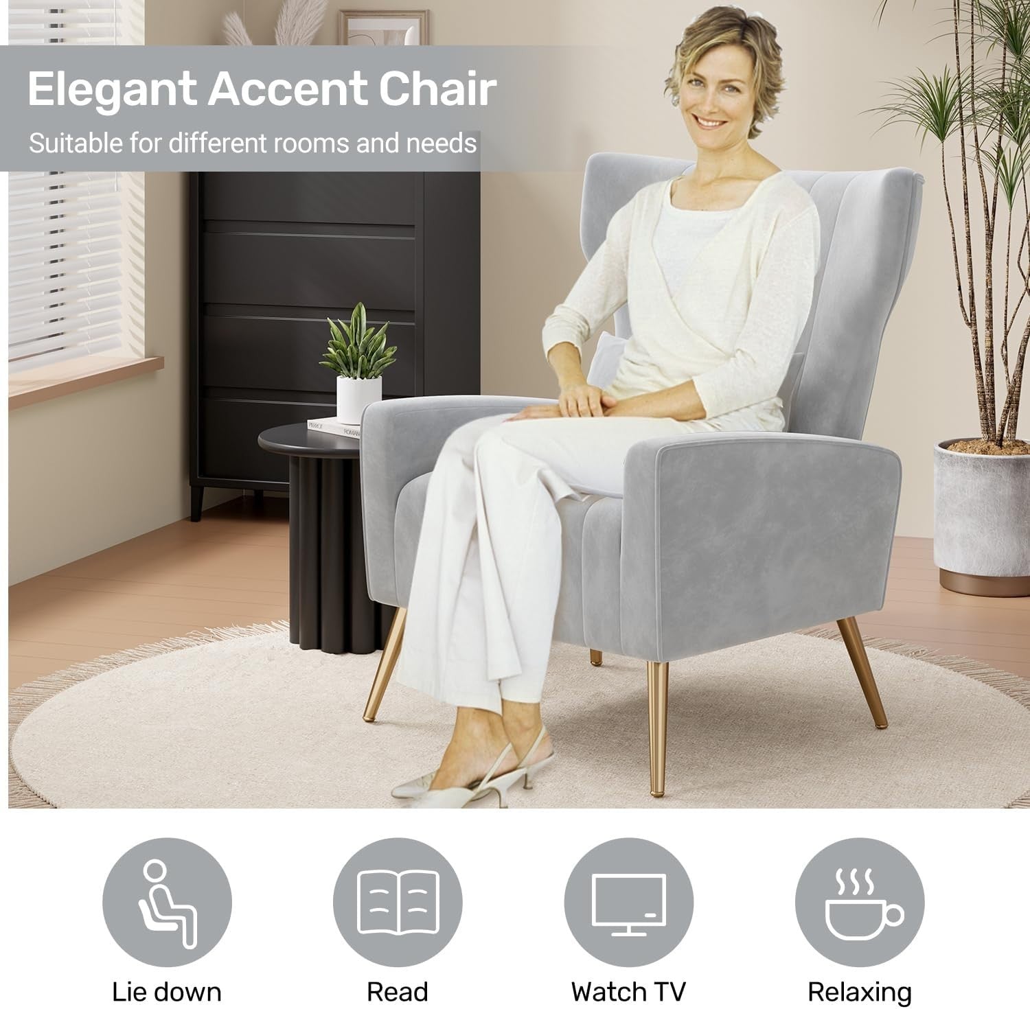 Gray Velvet Recliner Armchair with Gold Legs Soft Memory Foam Lounge Chair - Kwikley