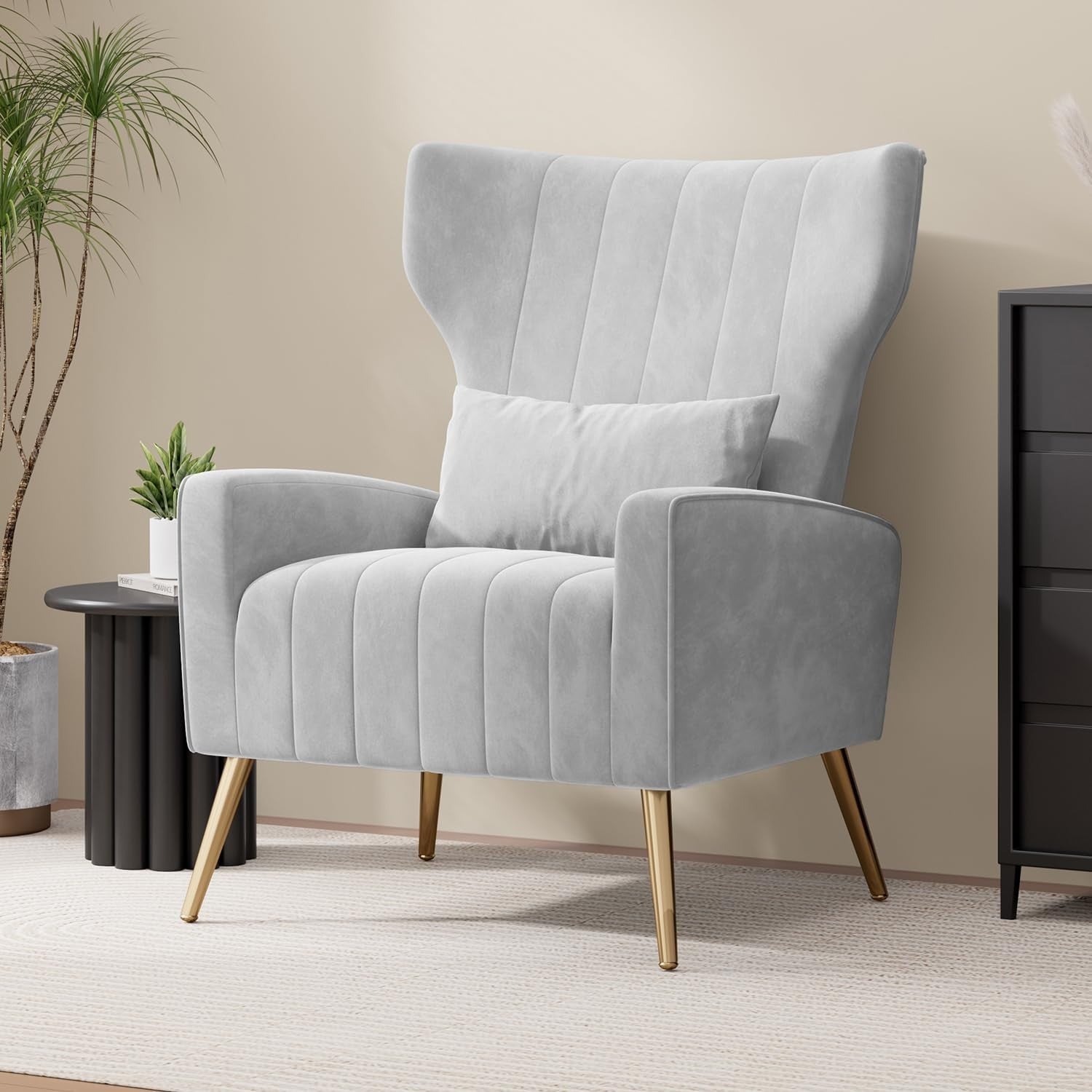 Gray Velvet Recliner Armchair with Gold Legs Soft Memory Foam Lounge Chair - Kwikley
