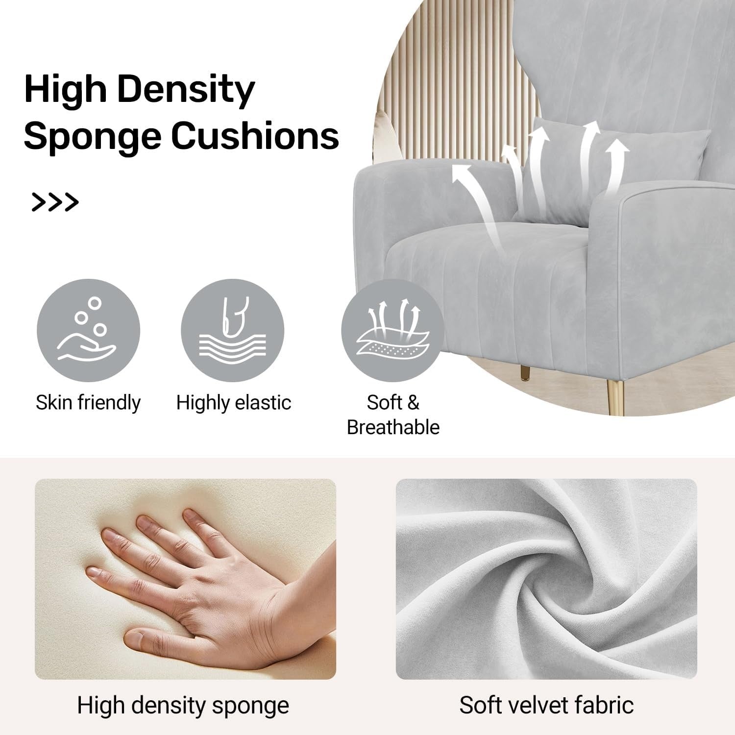 Gray Velvet Recliner Armchair with Gold Legs Soft Memory Foam Lounge Chair - Kwikley