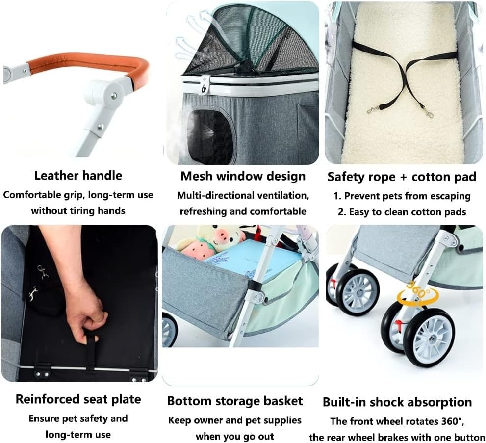 Green 3in1 Pet Stroller Detachable Carrier Car Seat Folding Shock Absorb - Kwikley