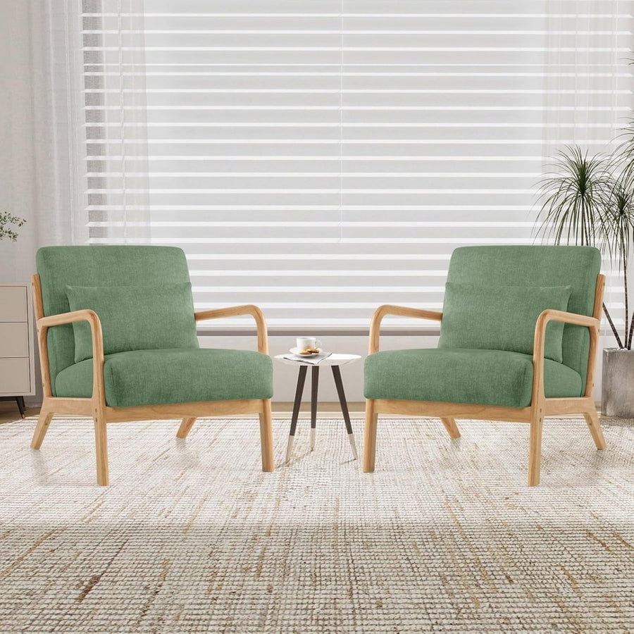 Green Accent Chairs Set of 2 Mid Century Wood Frame Lounge Armchairs - Kwikley