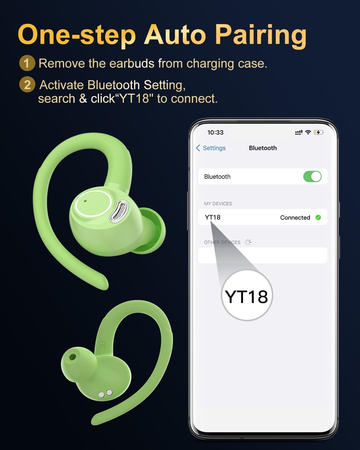 Green Bluetooth 5.3 Earbuds 40H ENC Mic Sport LED Display Waterproof - Kwikley