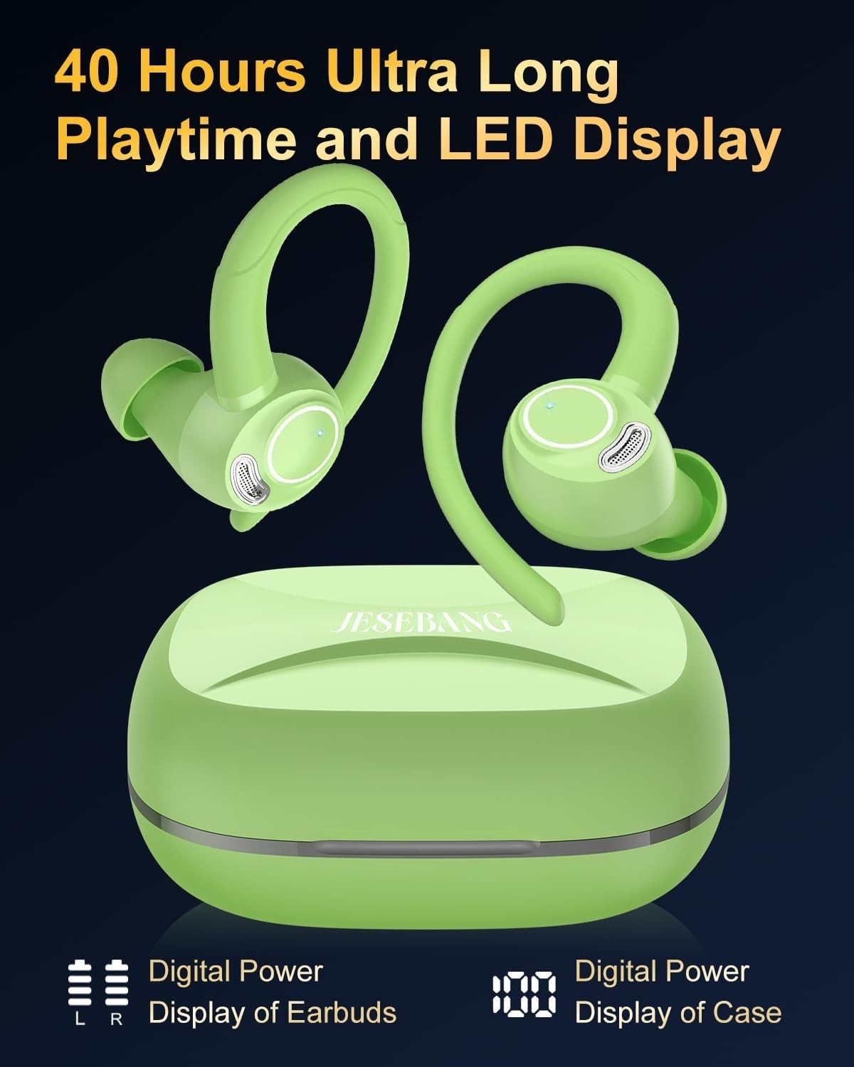 Green Bluetooth 5.3 Earbuds 40H ENC Mic Sport LED Display Waterproof - Kwikley