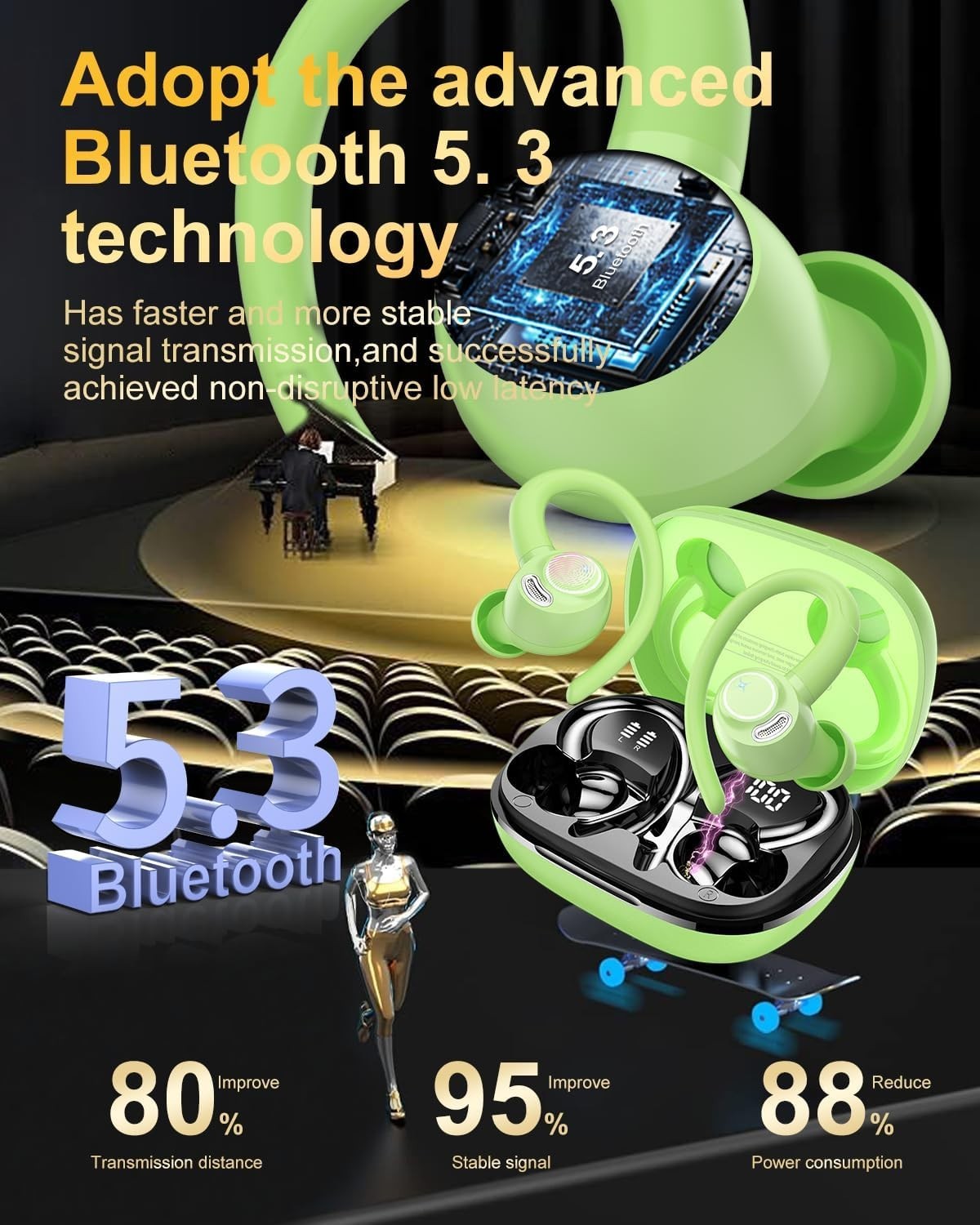 Green Bluetooth 5.3 Earbuds 40H ENC Mic Sport LED Display Waterproof - Kwikley