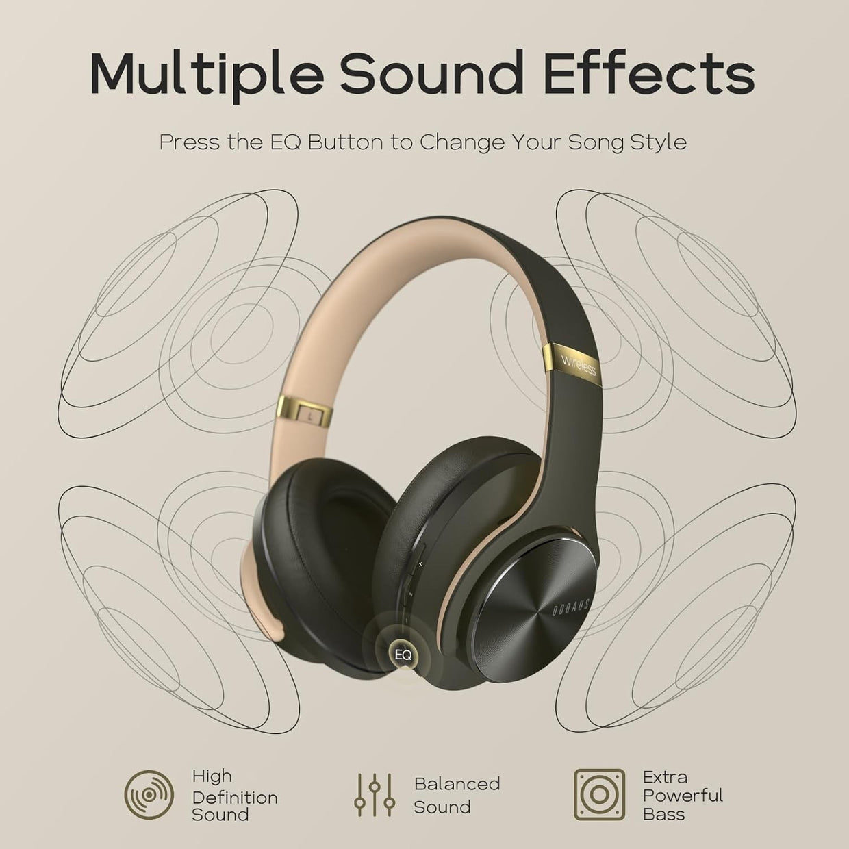 Green Bluetooth 5.3 Headphones 90H 3EQ Foldable Over Ear Built - in Mic - Kwikley
