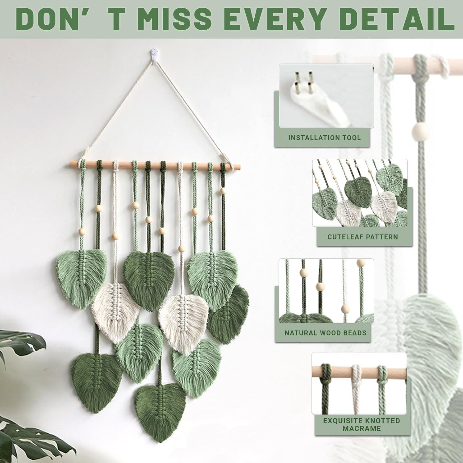 Green Boho Macrame Leaf Wall Hanging 40x80cm Cotton Tapestry - Kwikley