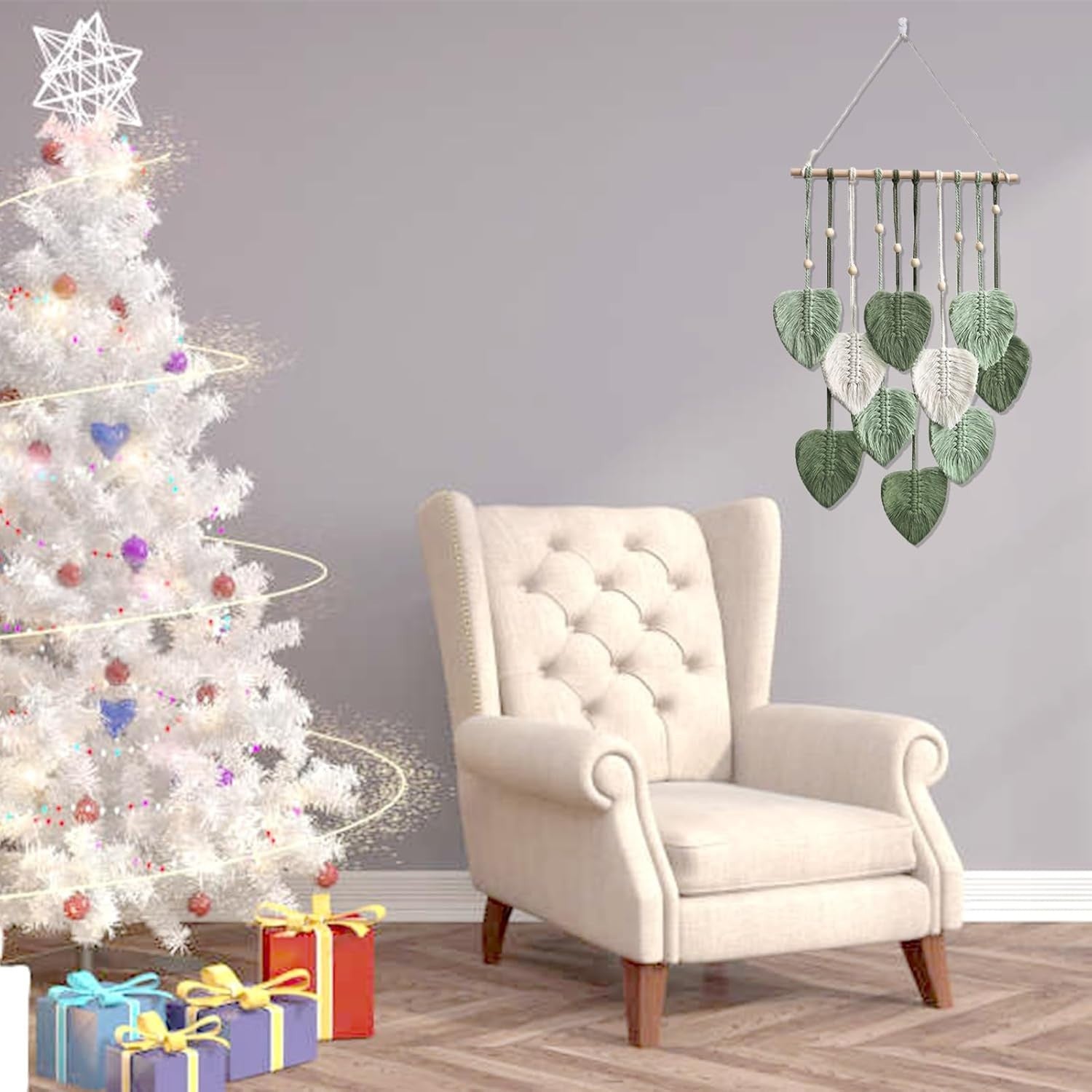 Green Boho Macrame Leaf Wall Hanging 40x80cm Cotton Tapestry - Kwikley