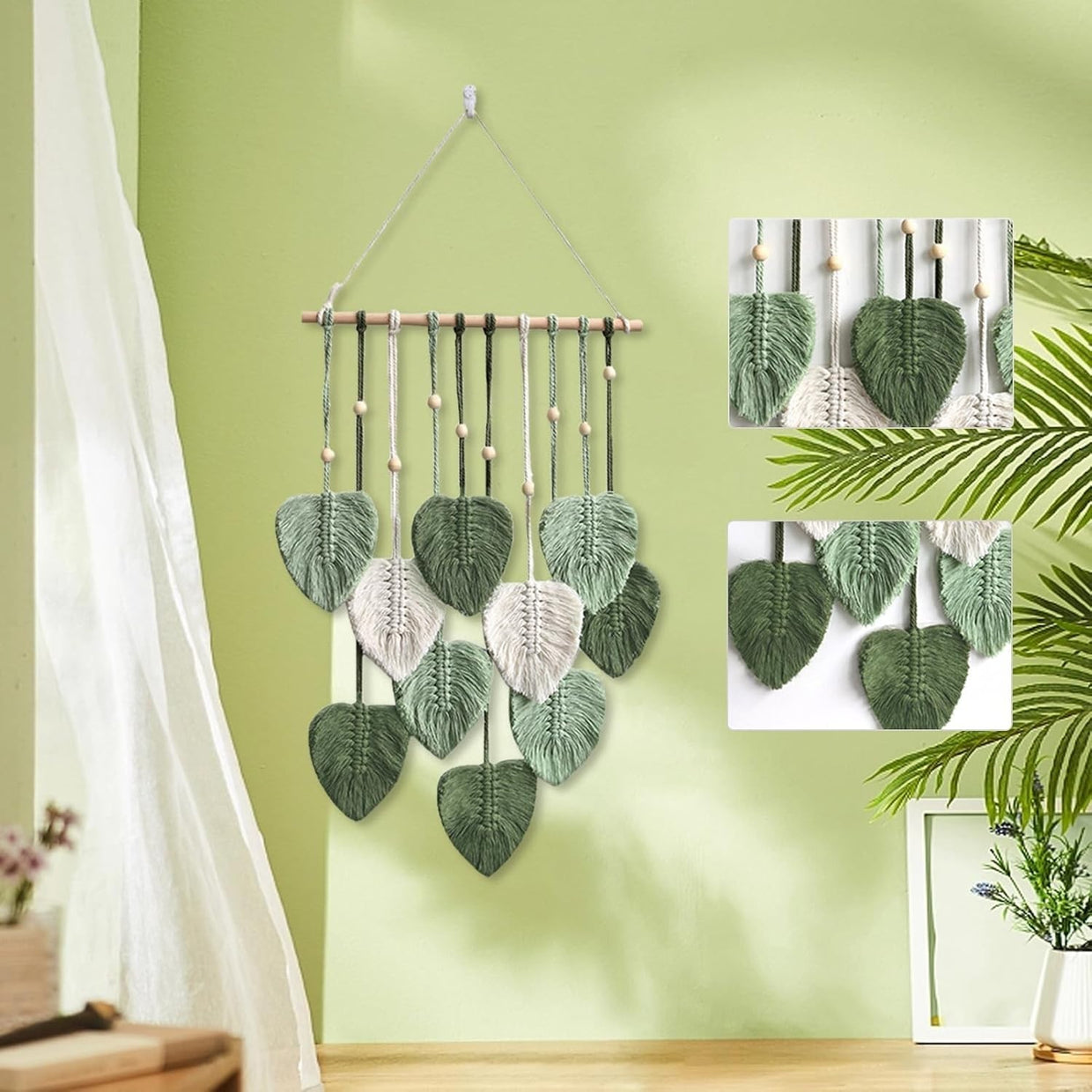 Green Boho Macrame Leaf Wall Hanging 40x80cm Cotton Tapestry - Kwikley