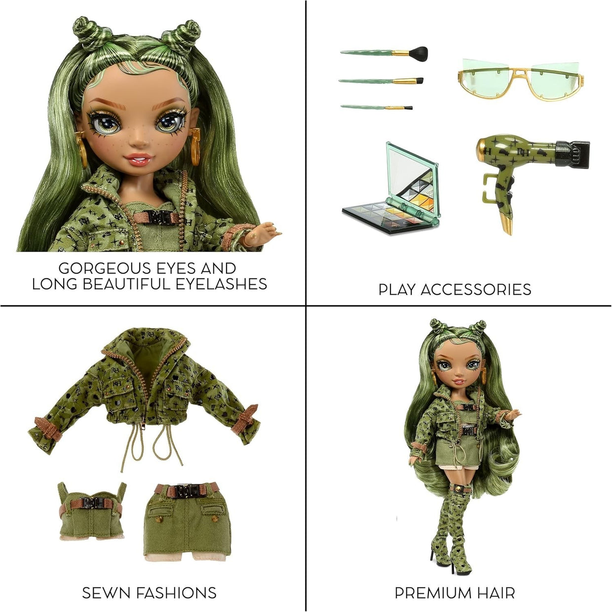 Green Camo Fashion Doll Poseable Outfit 10+ Accessories Display - Kwikley
