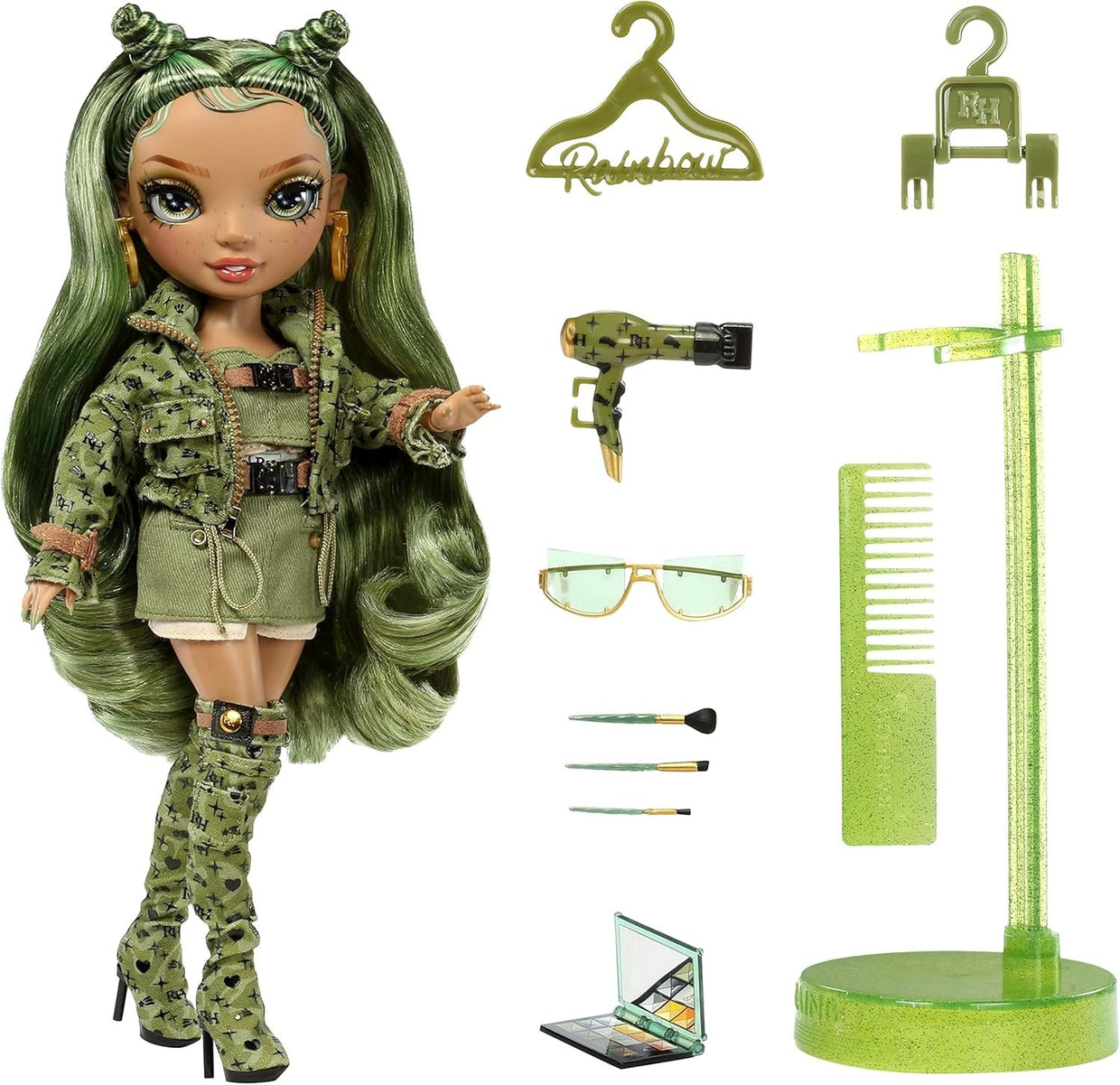 Green Camo Fashion Doll Poseable Outfit 10+ Accessories Display - Kwikley