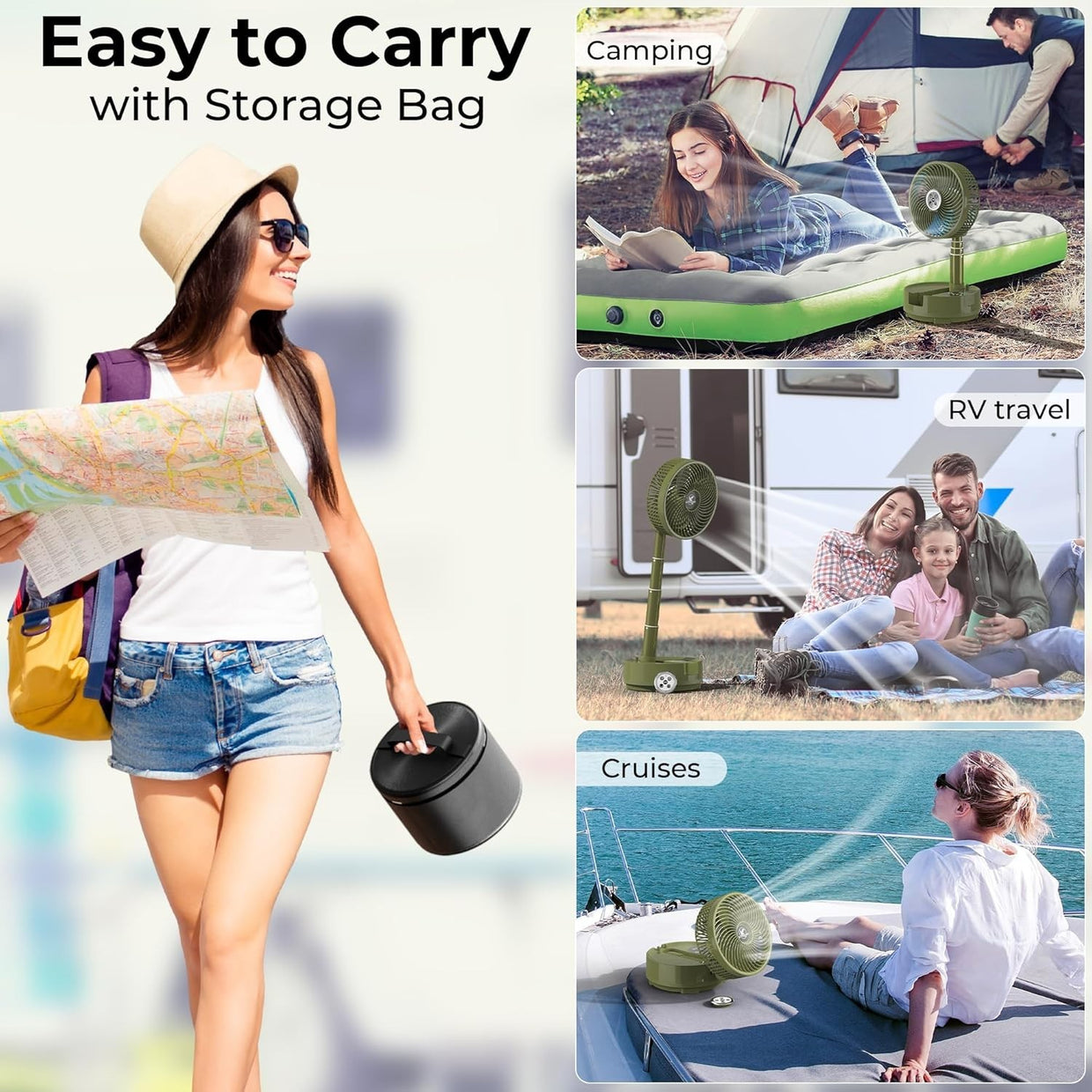 Green Camping Fan – 20000mAh Rechargeable 8" Table Fan w/ Light, Timer & Remote - Kwikley
