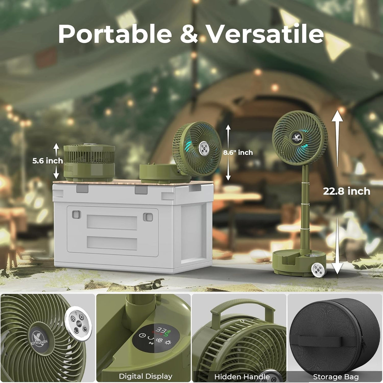 Green Camping Fan – 20000mAh Rechargeable 8" Table Fan w/ Light, Timer & Remote - Kwikley