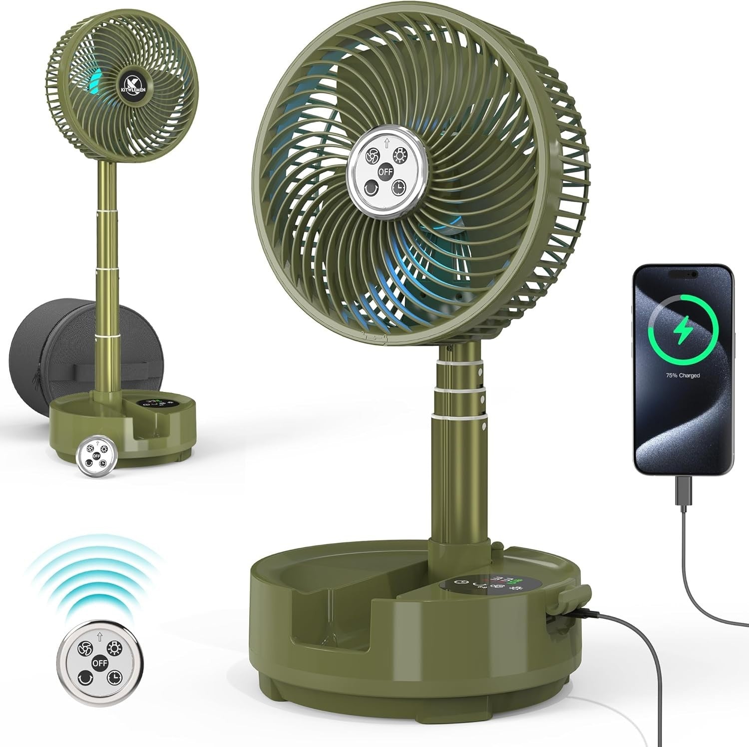 Green Camping Fan – 20000mAh Rechargeable 8" Table Fan w/ Light, Timer & Remote - Kwikley