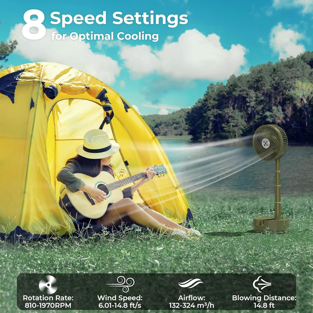 Green Camping Fan – 20000mAh Rechargeable 8" Table Fan w/ Light, Timer & Remote - Kwikley