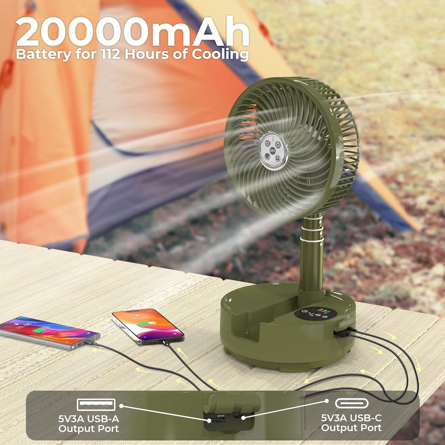 Green Camping Fan – 20000mAh Rechargeable 8" Table Fan w/ Light, Timer & Remote - Kwikley