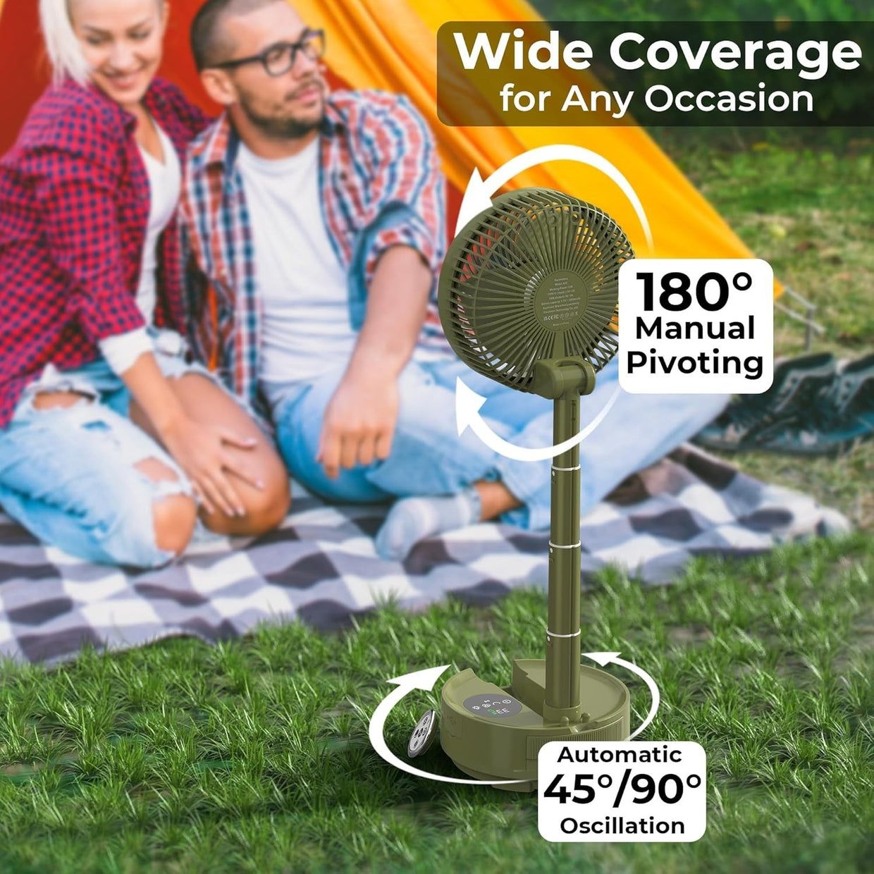 Green Camping Fan – 20000mAh Rechargeable 8" Table Fan w/ Light, Timer & Remote - Kwikley